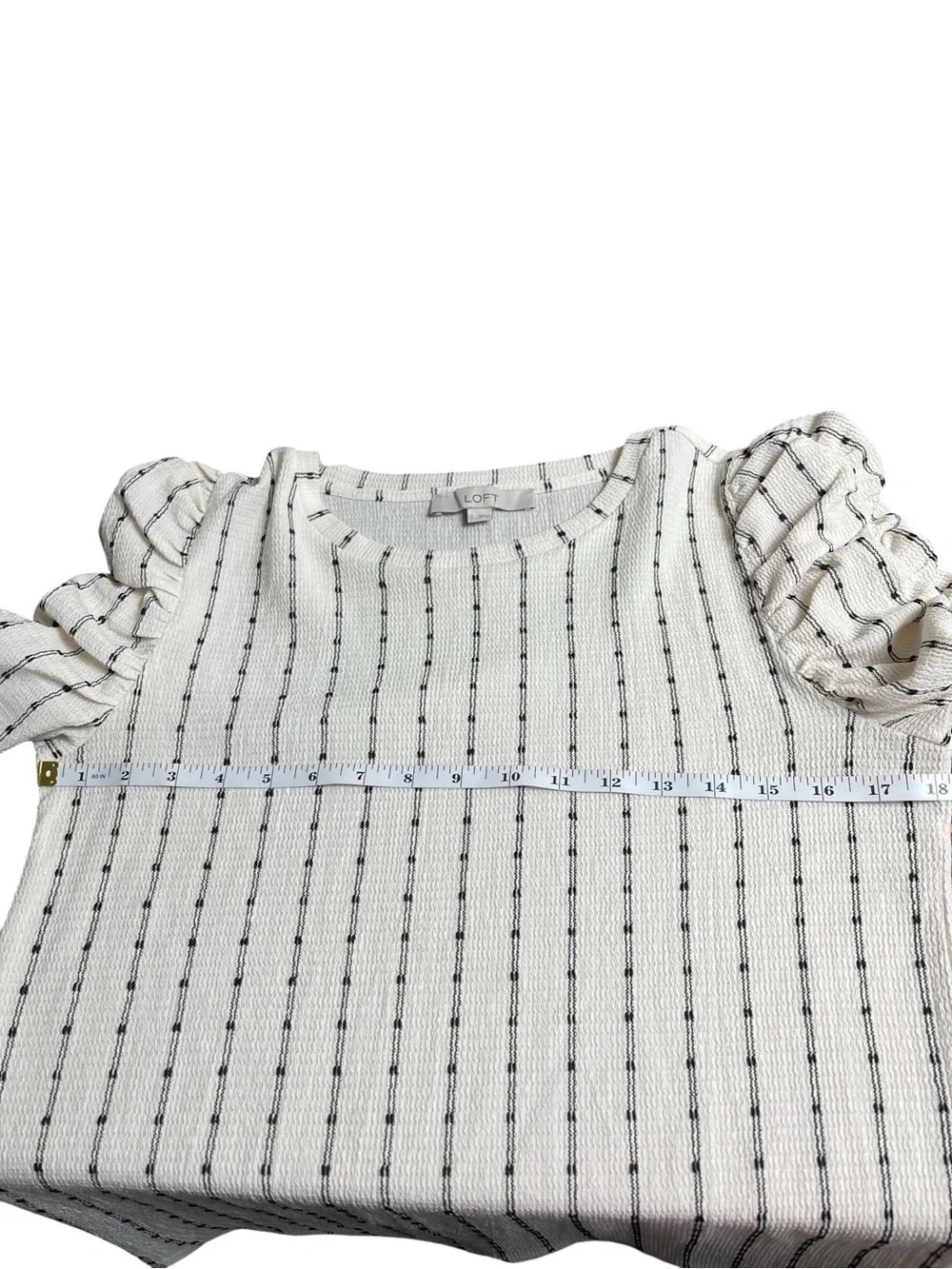LOFT Ivory Knit Top with Black Pinstripes and Ruffled Sleeves